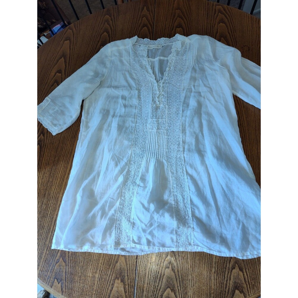Johnny Was 4 Love And Liberty Silk Tunic Blouse Medium White Pintuck Lace Sheer
